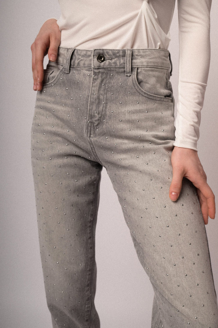 Mini stud grey denim mom-fit jeans