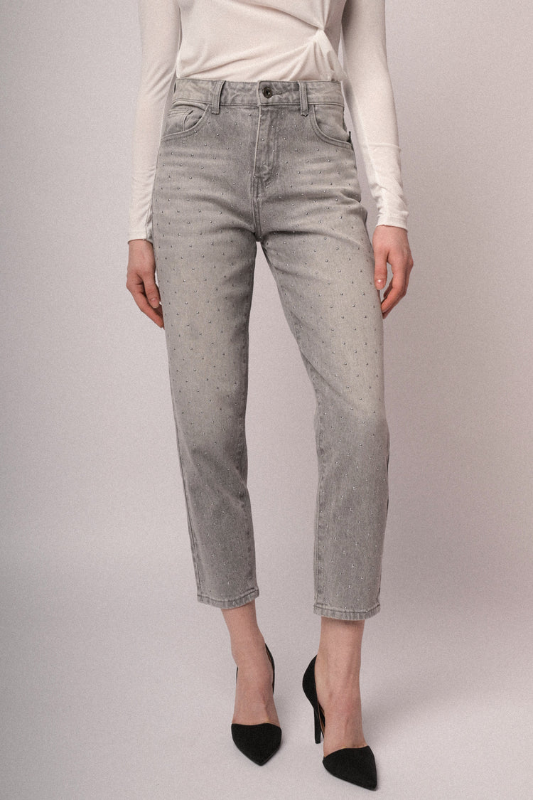 Mini stud grey denim mom-fit jeans