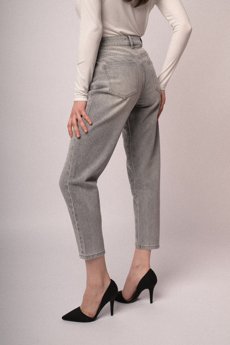 Mini stud grey denim mom-fit jeans