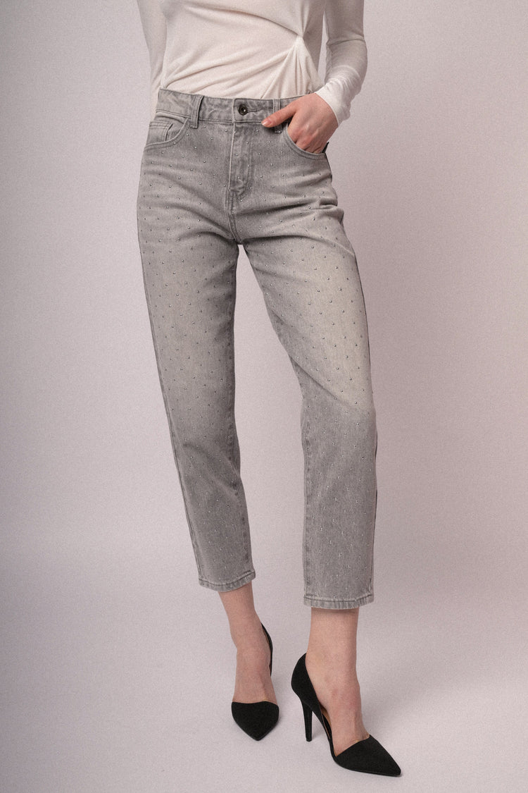 Mini stud grey denim mom-fit jeans