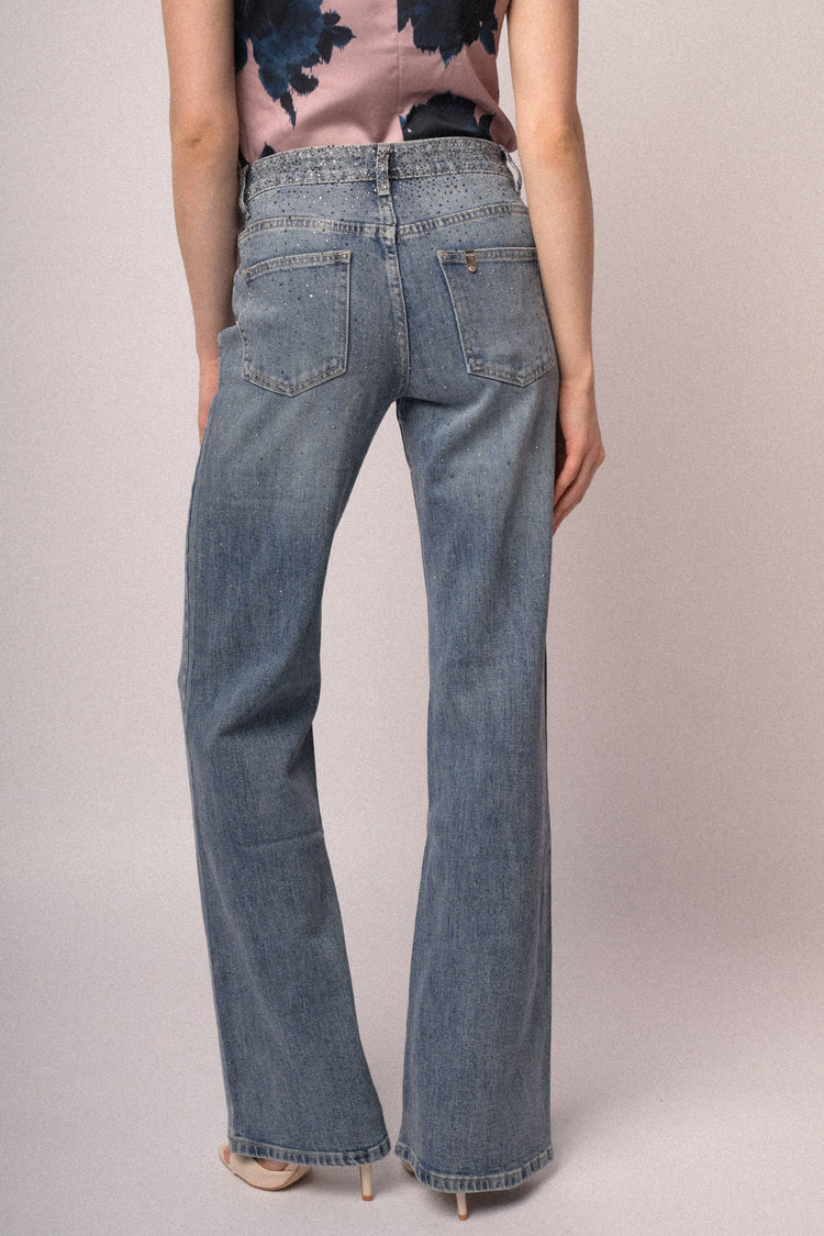 Rhinestone-embellished light blue wide-leg jeans