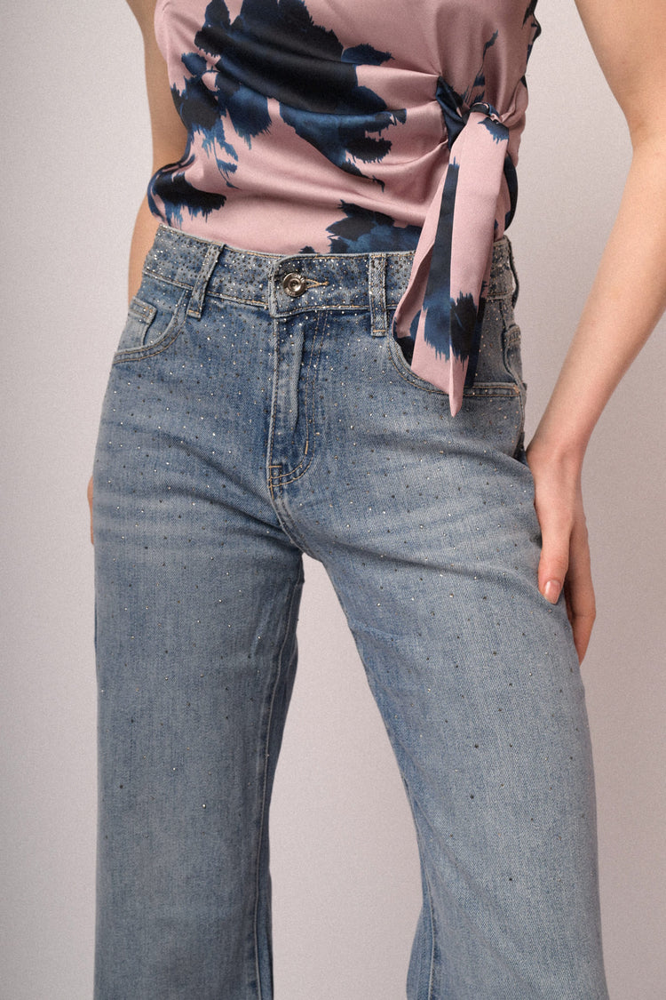 Rhinestone-embellished light blue wide-leg jeans