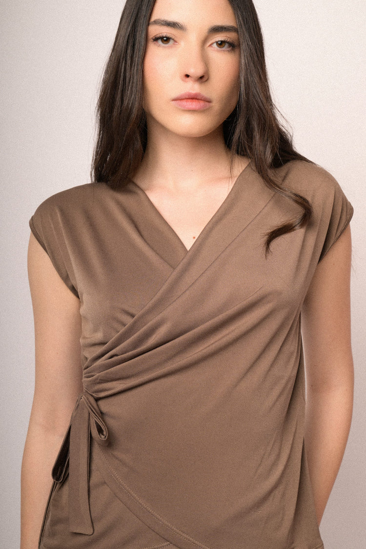 Brown self-tie straps wrap top