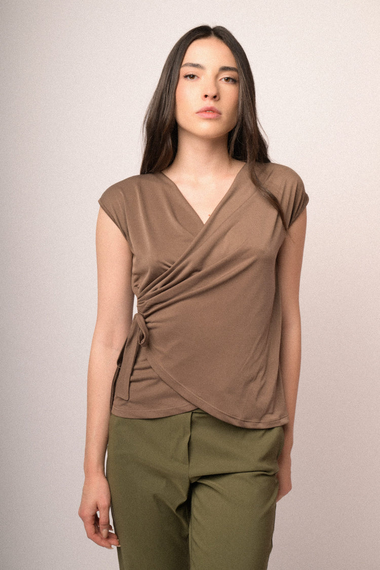 Brown self-tie straps wrap top