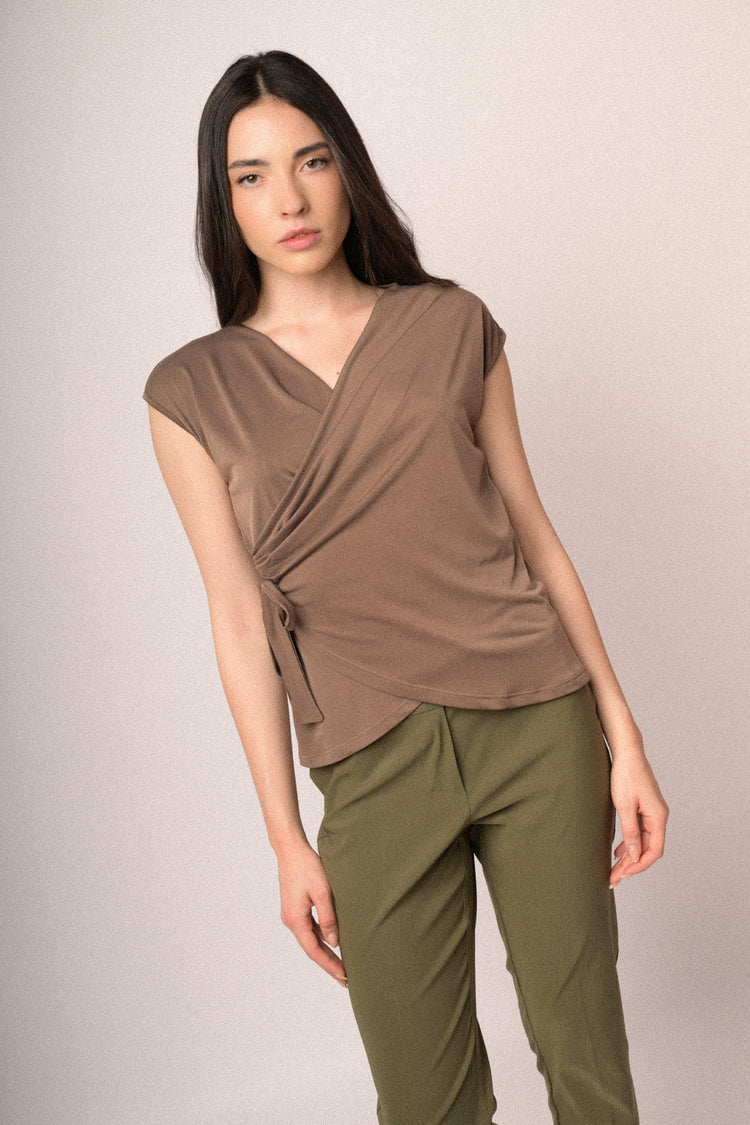 Brown self-tie straps wrap top