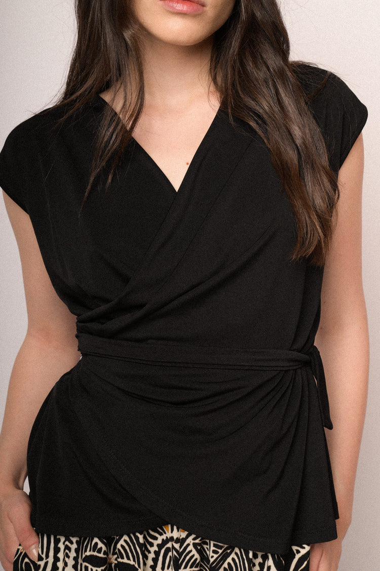 Black self-tie straps wrap top