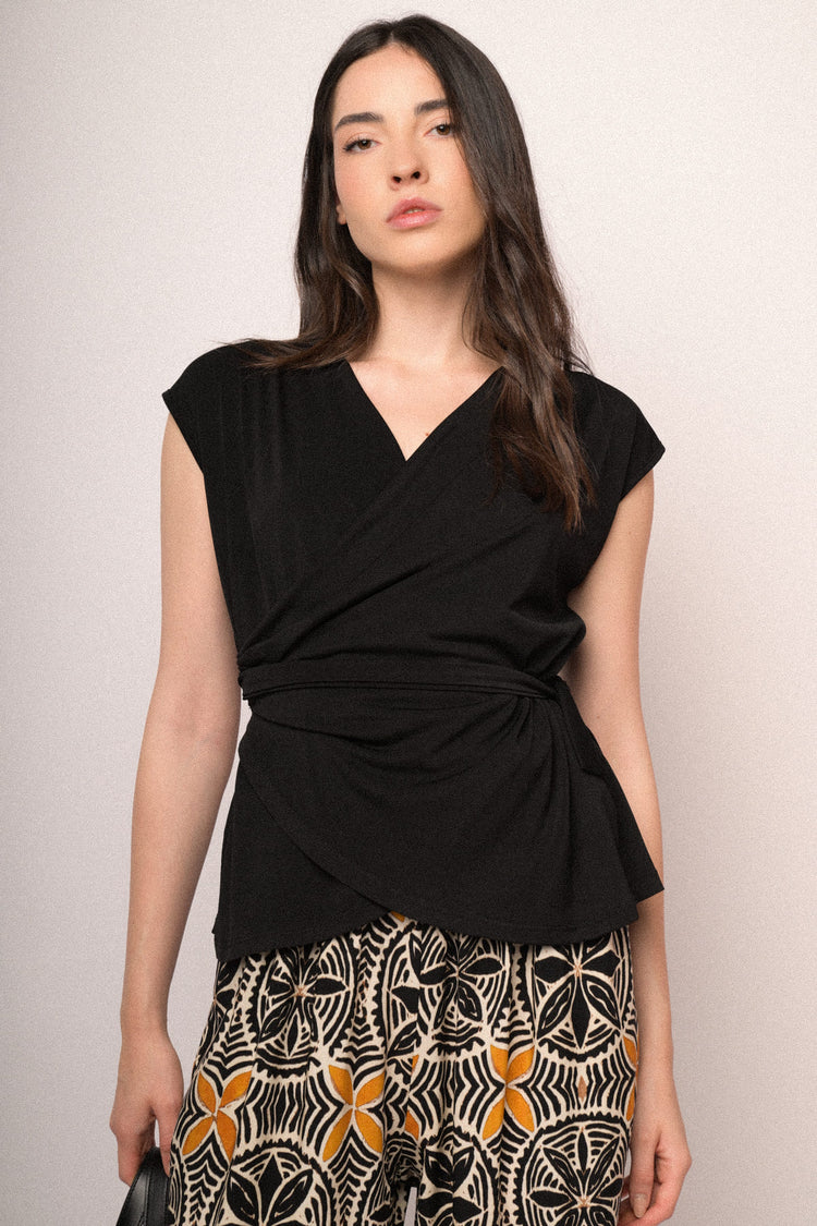 Black self-tie straps wrap top
