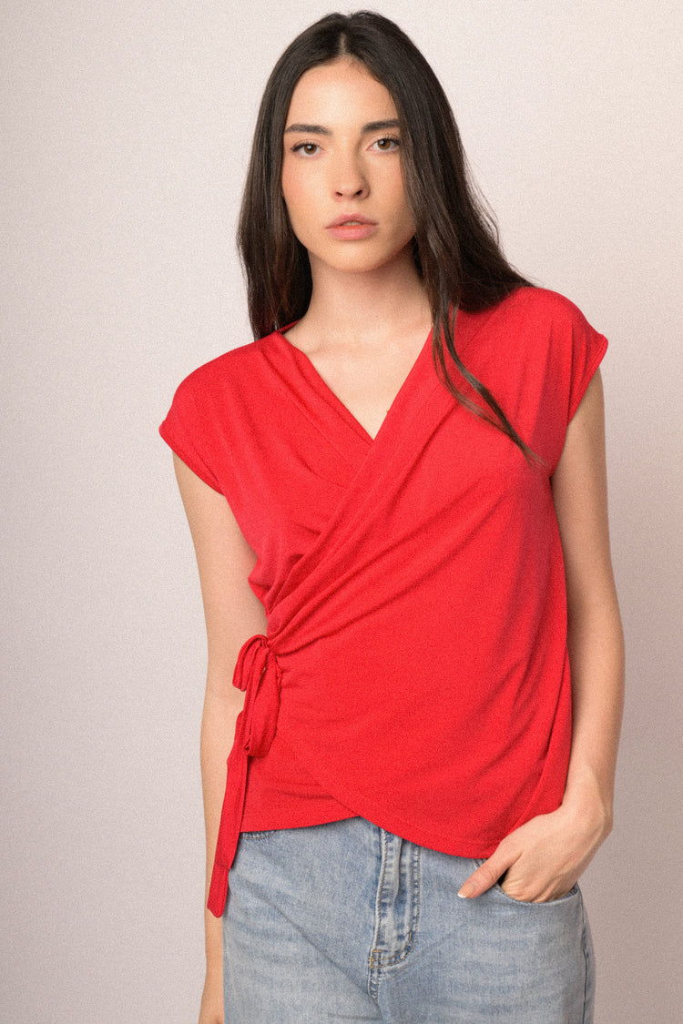 Coral red self-tie straps wrap top