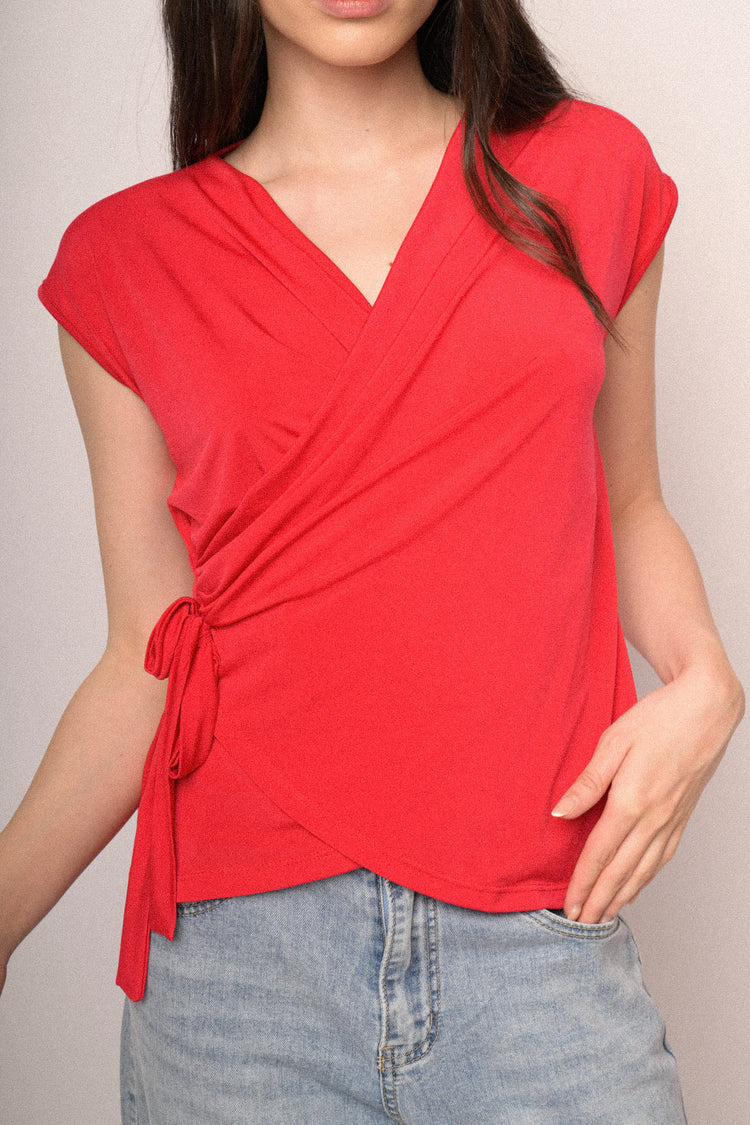 Coral red self-tie straps wrap top