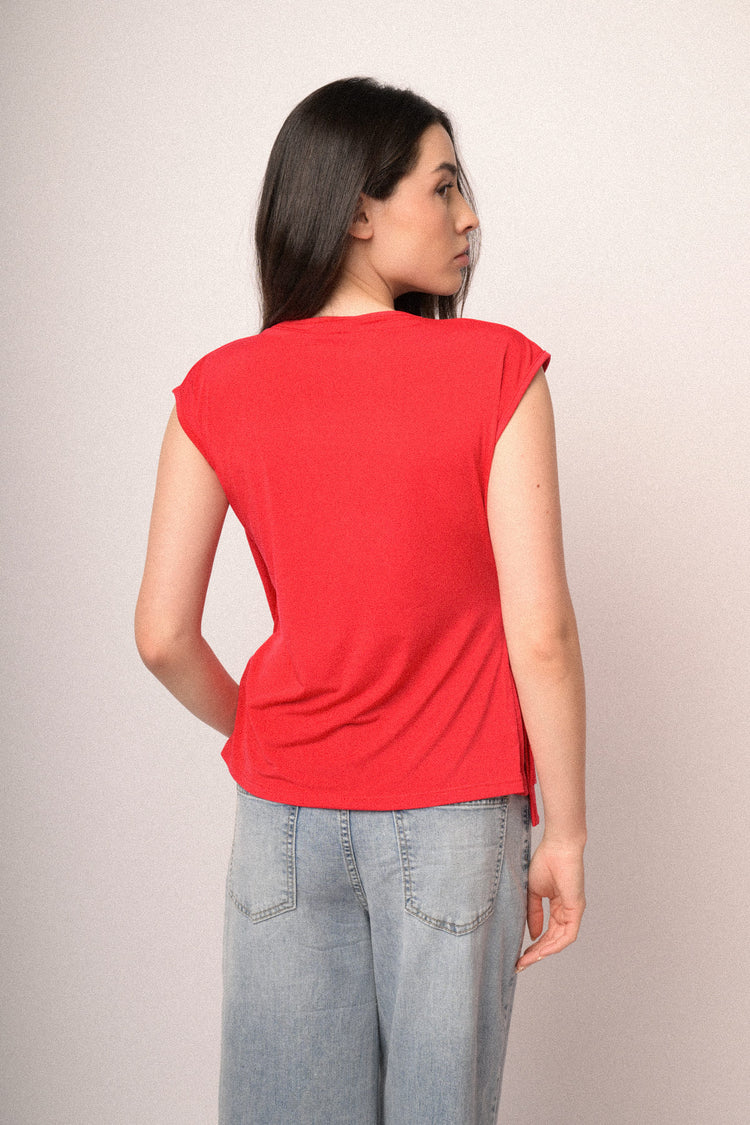 Coral red self-tie straps wrap top