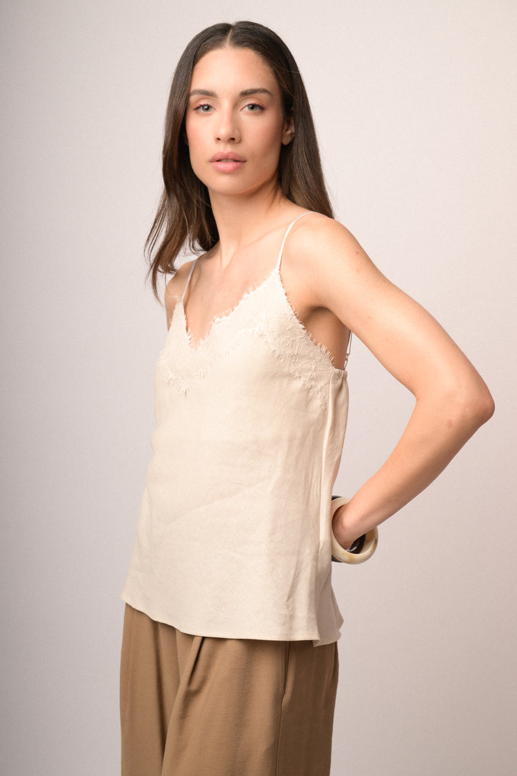 Top con pizzo misto lino