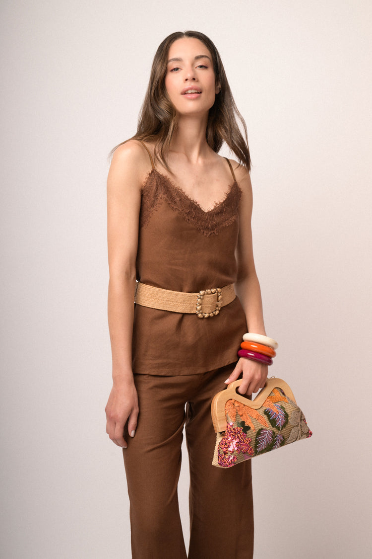 Top con pizzo misto lino
