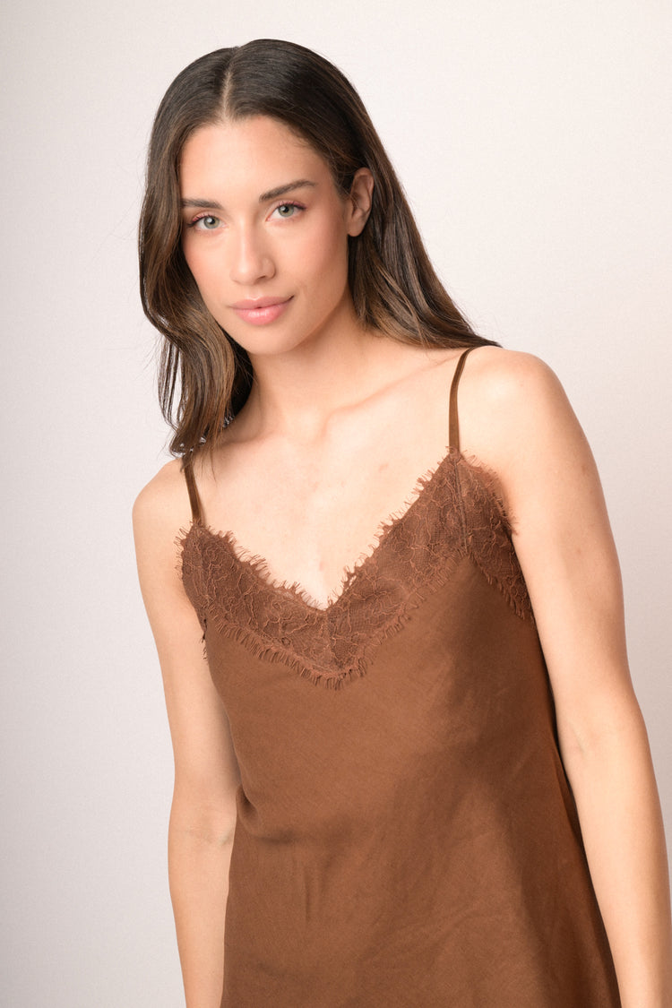 Chocolate linen-blend lace-trimmed camisole