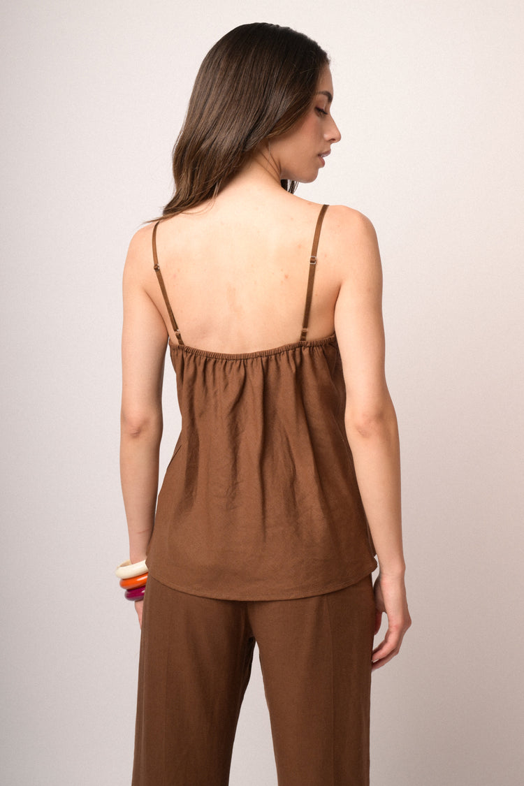 Chocolate linen-blend lace-trimmed camisole