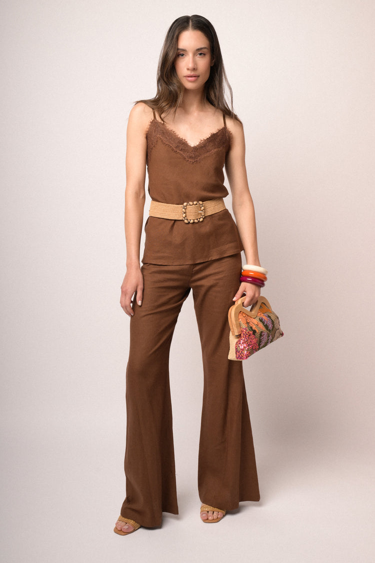 Chocolate linen-blend lace-trimmed camisole