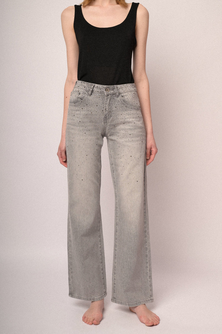 Rhinestone-embellished grey denim wide-leg jeans