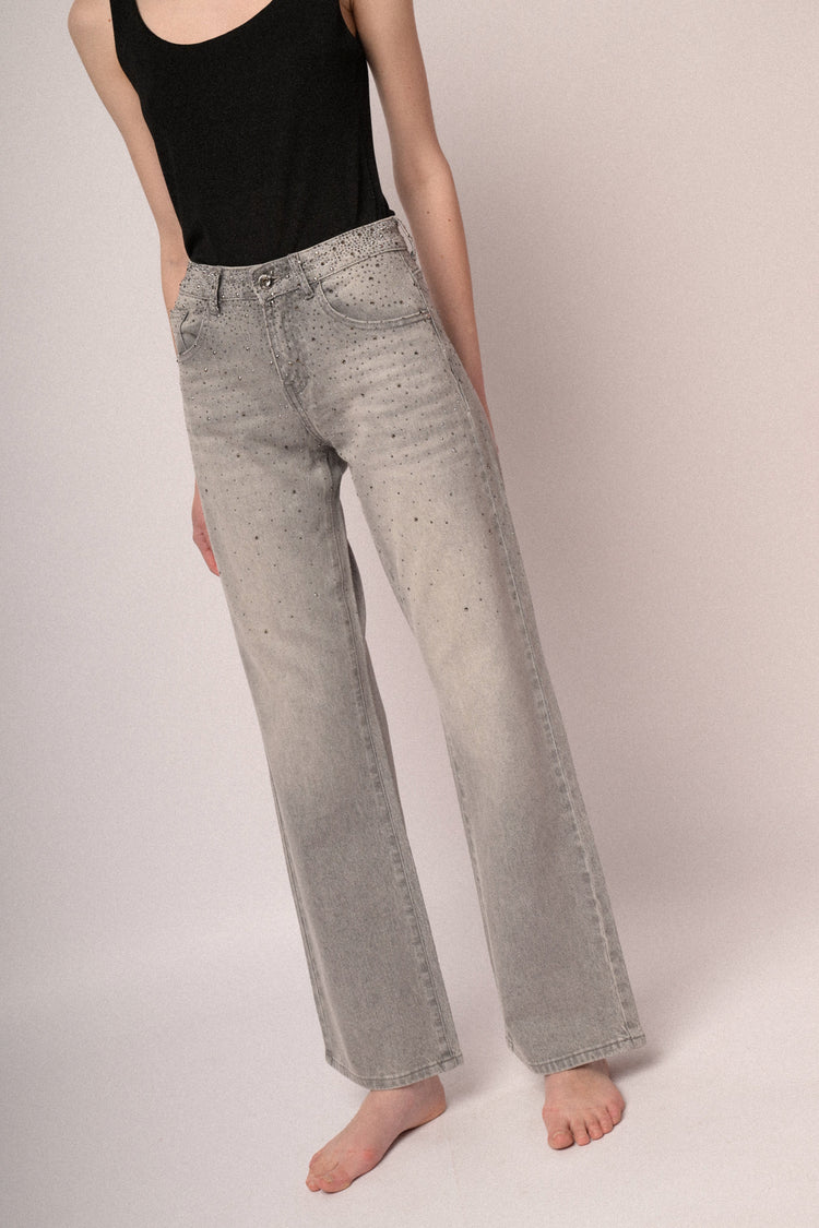 Rhinestone-embellished grey denim wide-leg jeans