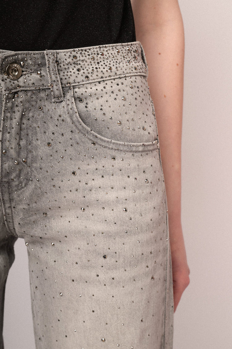 Rhinestone-embellished grey denim wide-leg jeans