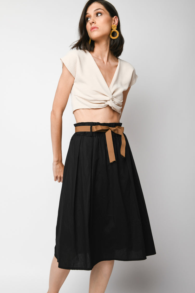 Belted stretch cotton skirt