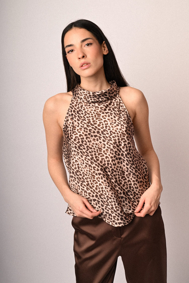 Animalier print satin halter top