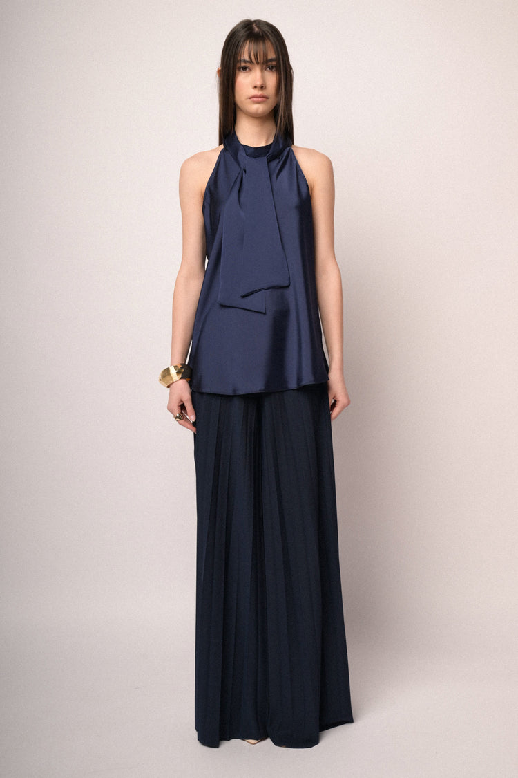 Blue pussy bow neck satin top