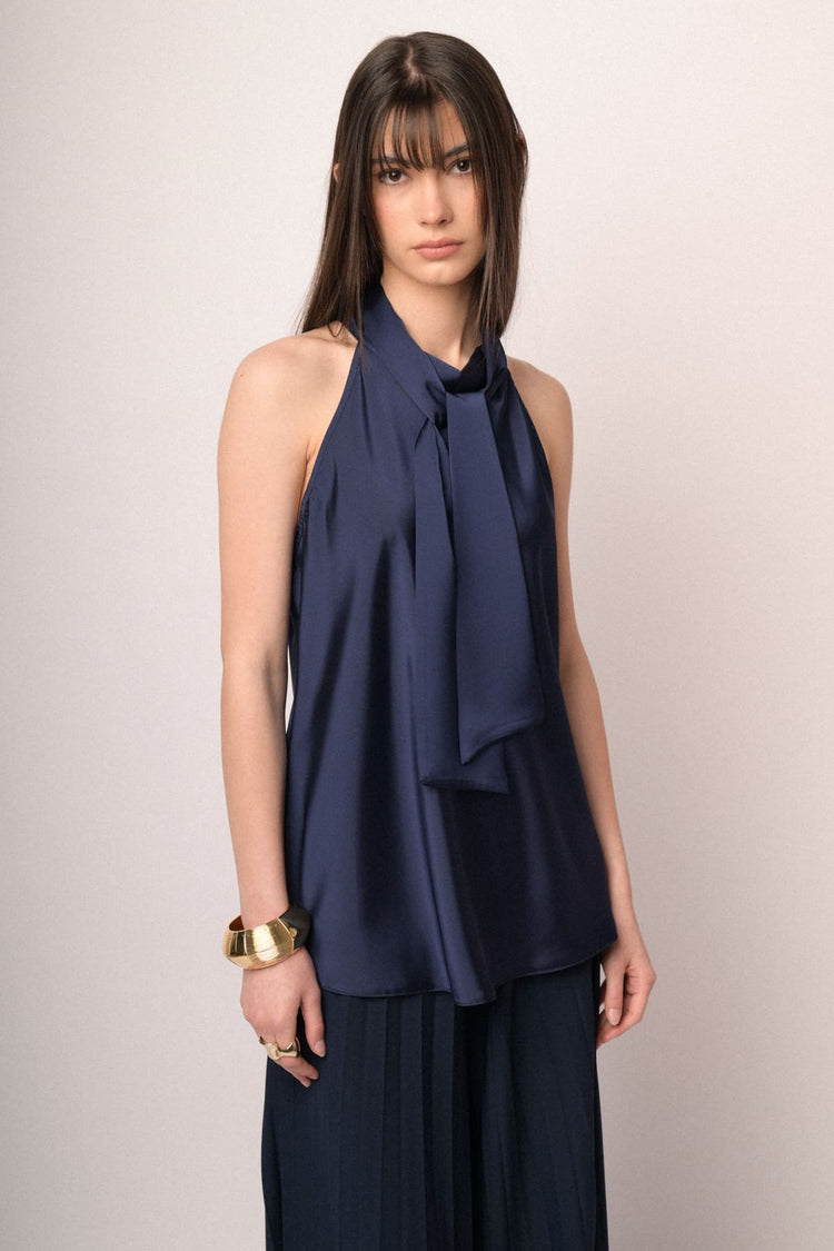 Blue pussy bow neck satin top