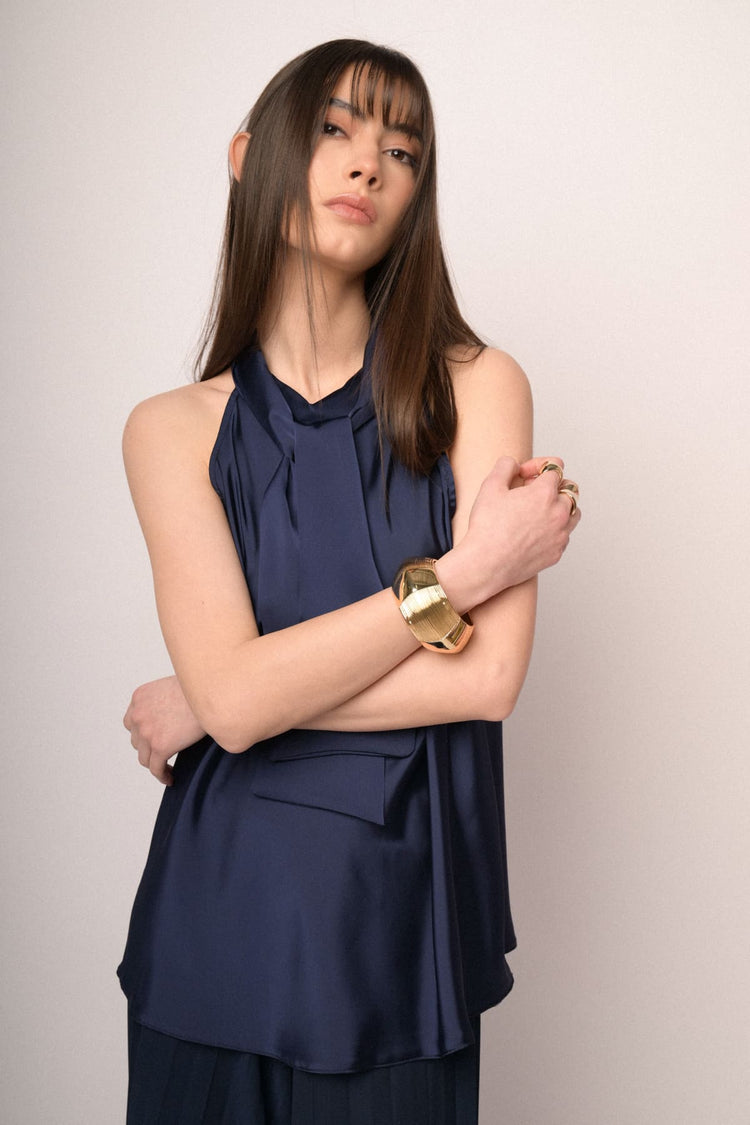 Blue pussy bow neck satin top