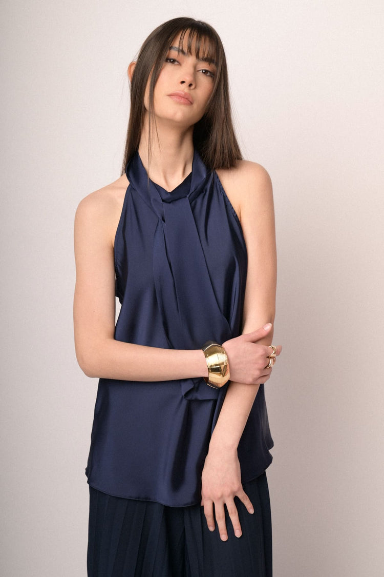 Blue pussy bow neck satin top