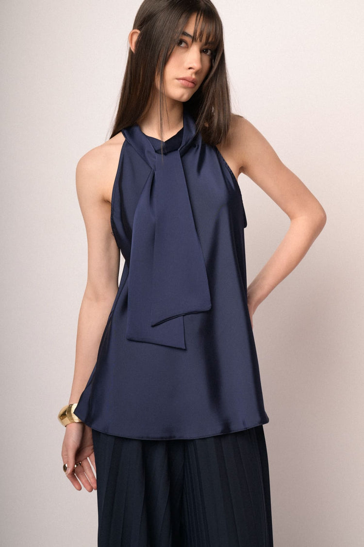 Blue pussy bow neck satin top