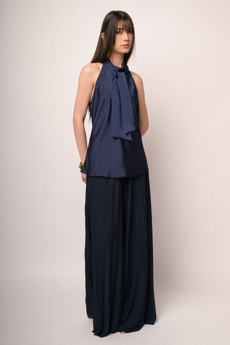 Blue pussy bow neck satin top