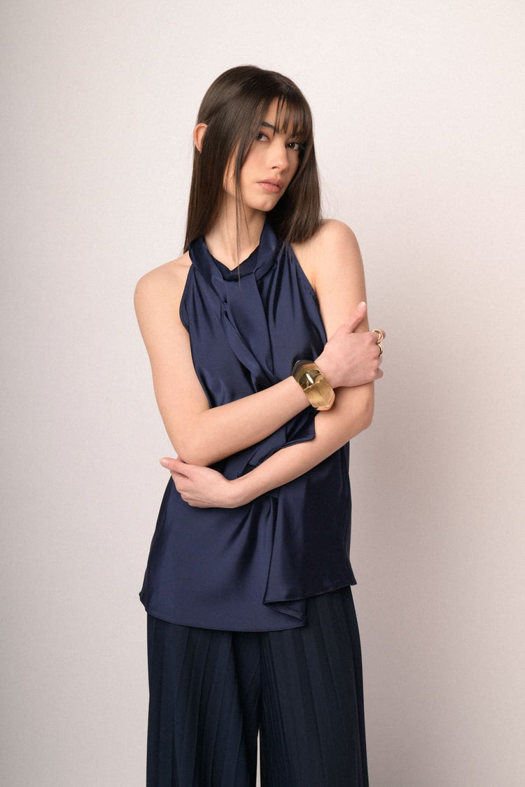 Blue pussy bow neck satin top