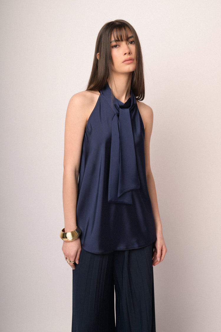 Blue pussy bow neck satin top