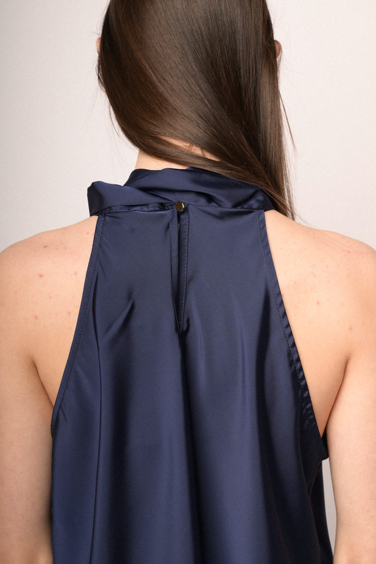 Blue pussy bow neck satin top