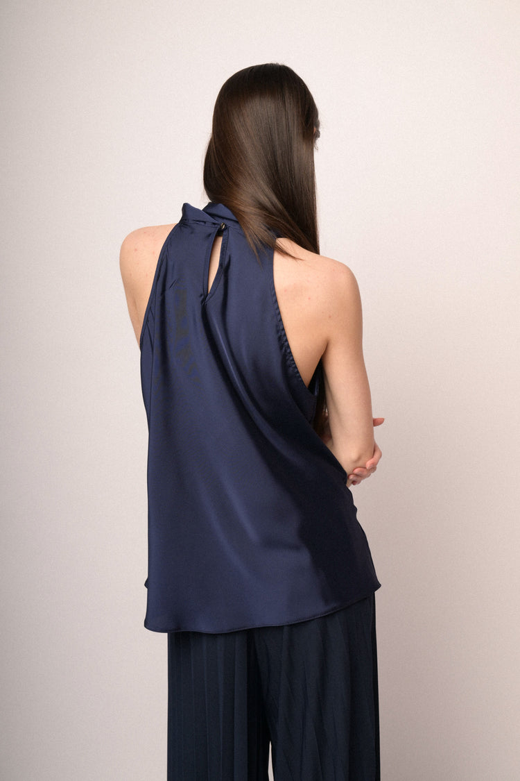 Blue pussy bow neck satin top