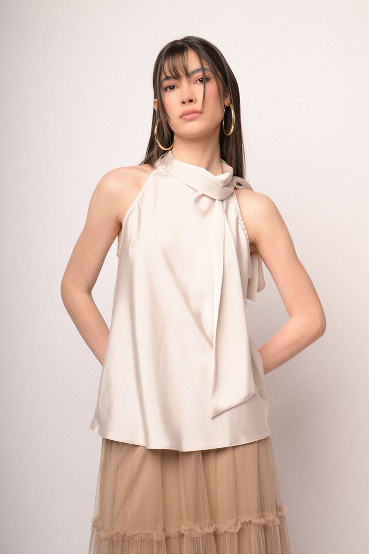 White pussy bow neck satin top