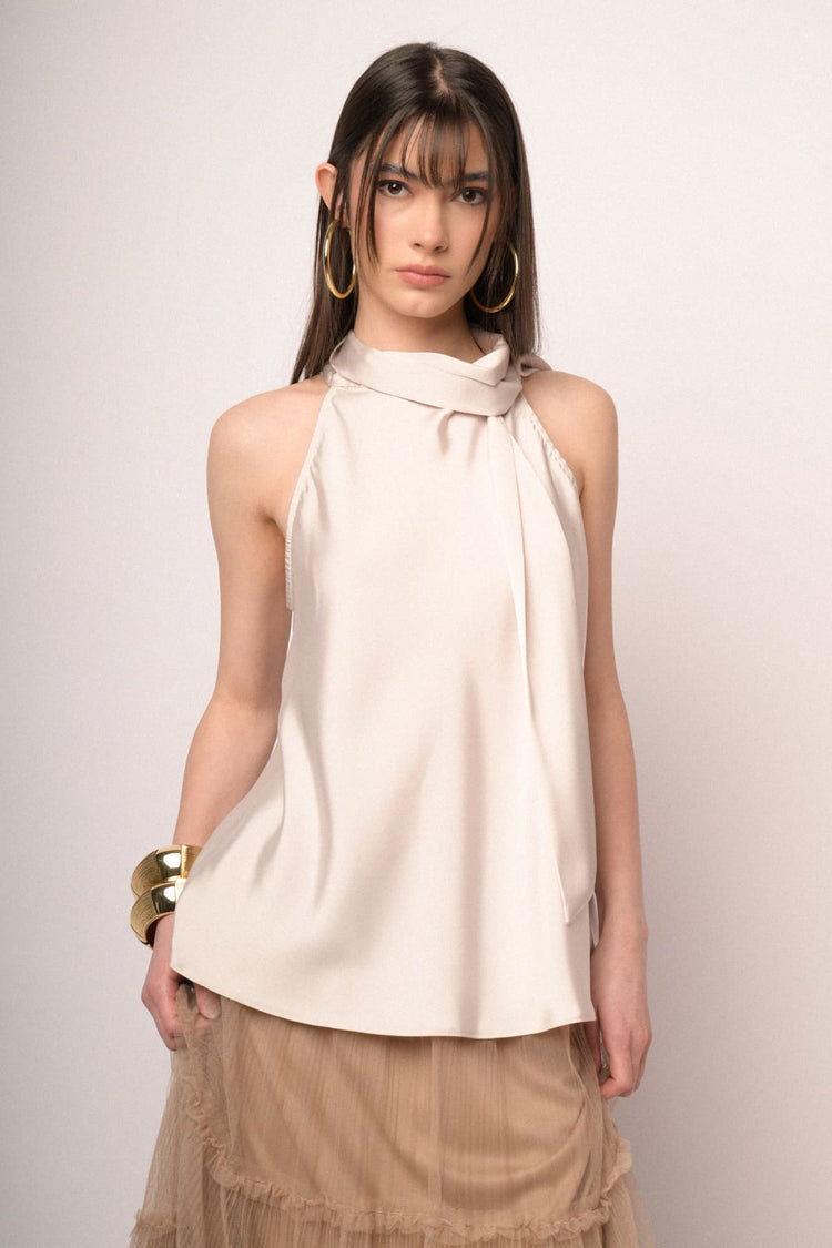 White pussy bow neck satin top