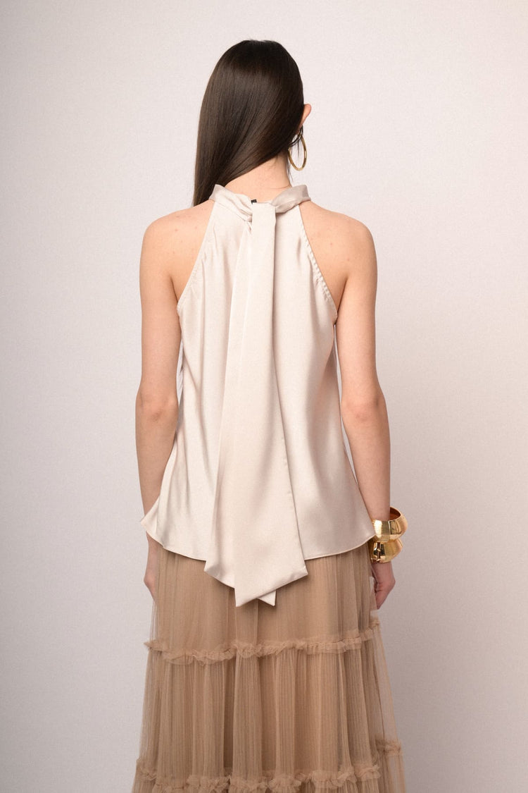 White pussy bow neck satin top