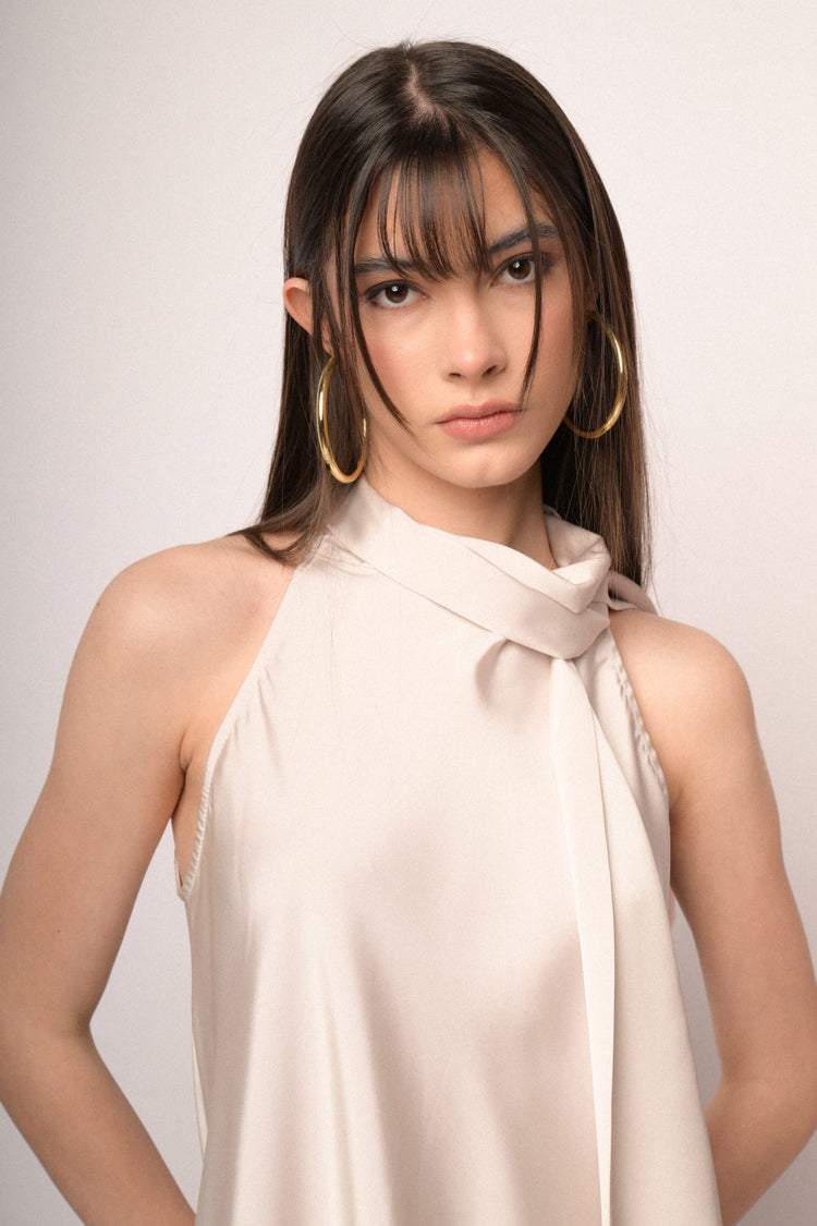 White pussy bow neck satin top