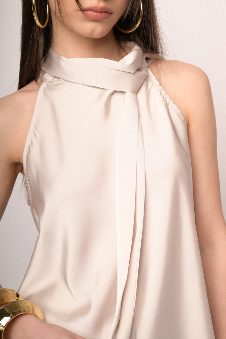 White pussy bow neck satin top
