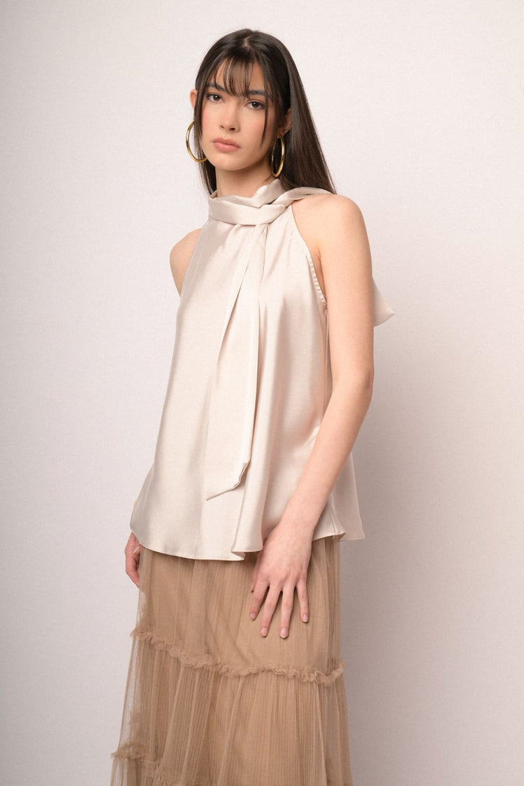 White pussy bow neck satin top