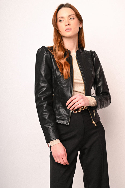 Puffed sleeved faux leather jacket