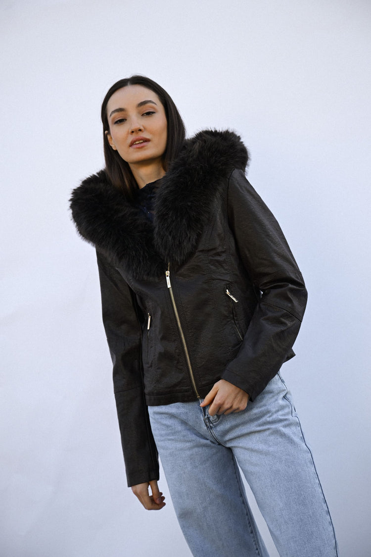 Faux fur collar faux leather jacket