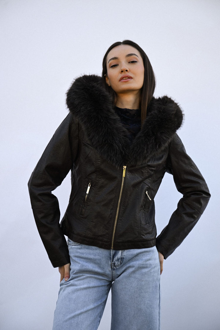 Faux fur collar faux leather jacket