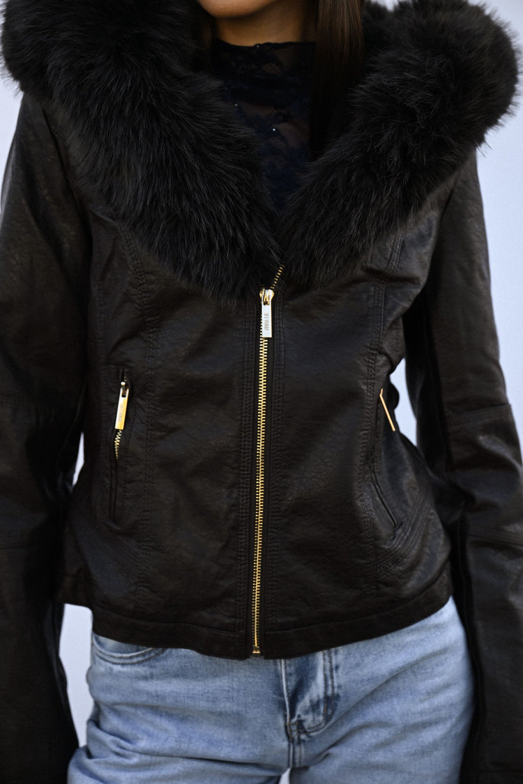 Faux fur collar faux leather jacket