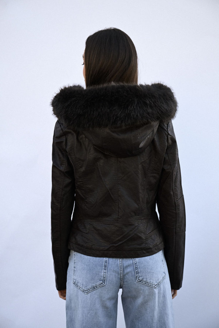 Faux fur collar faux leather jacket
