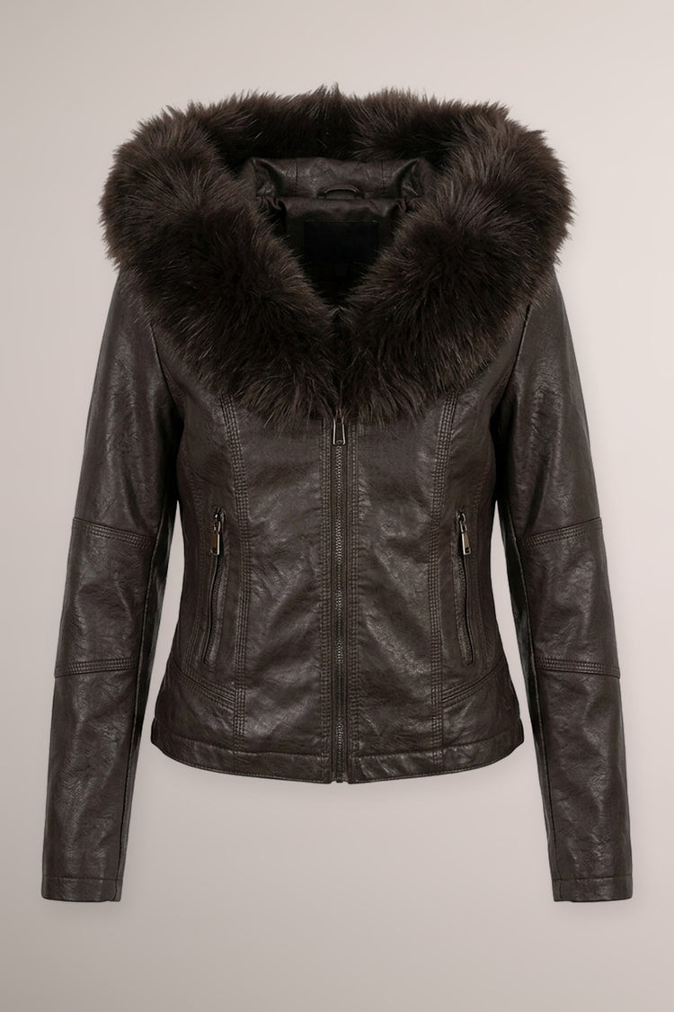 Ebony faux fur-trimmed hood faux leather jacket
