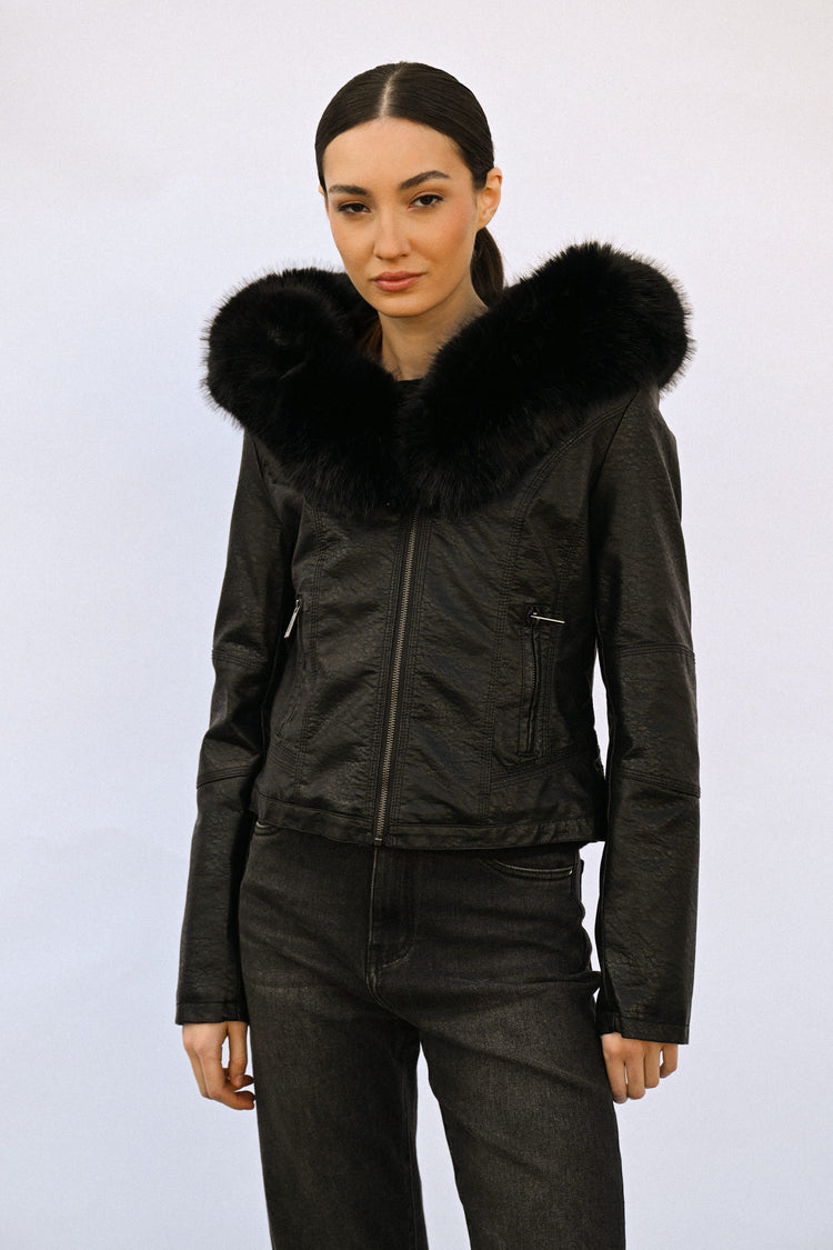 Faux fur collar faux leather jacket