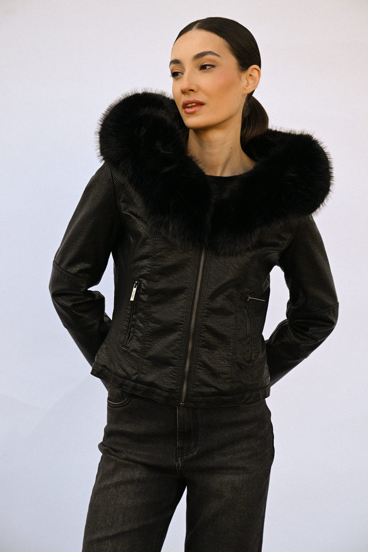 Faux fur collar faux leather jacket