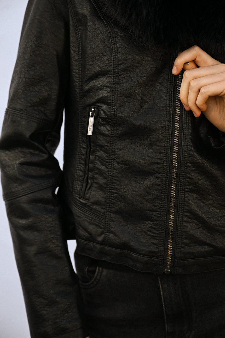 Faux fur collar faux leather jacket