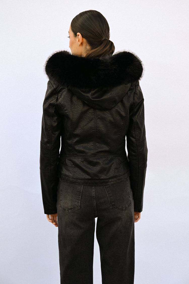 Faux fur collar faux leather jacket